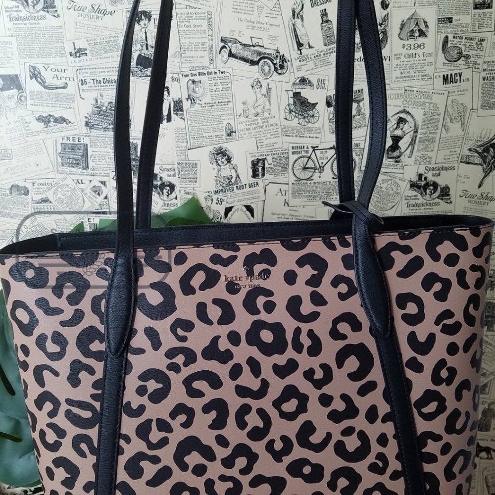 Kate Spade NWT Black Cara Leopard Animal Print Large Leather Tote Shoulder Bag - Picture 3 of 13